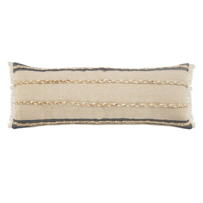 14" X 36" Black Tan And Taupe Jute Striped Zippered Pillow