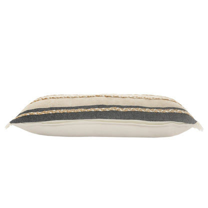 14" X 36" Black Tan And Taupe Jute Striped Zippered Pillow