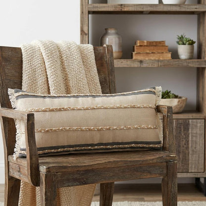 14" X 36" Black Tan And Taupe Jute Striped Zippered Pillow
