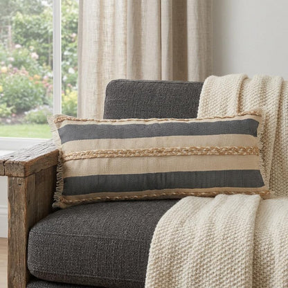 14" X 36" Denim Tan And Taupe Jute Coastal Zippered Pillow