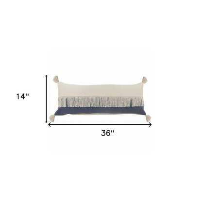 14" X 36" Denim Blue And Off-White 100% Cotton Zippered Pillow