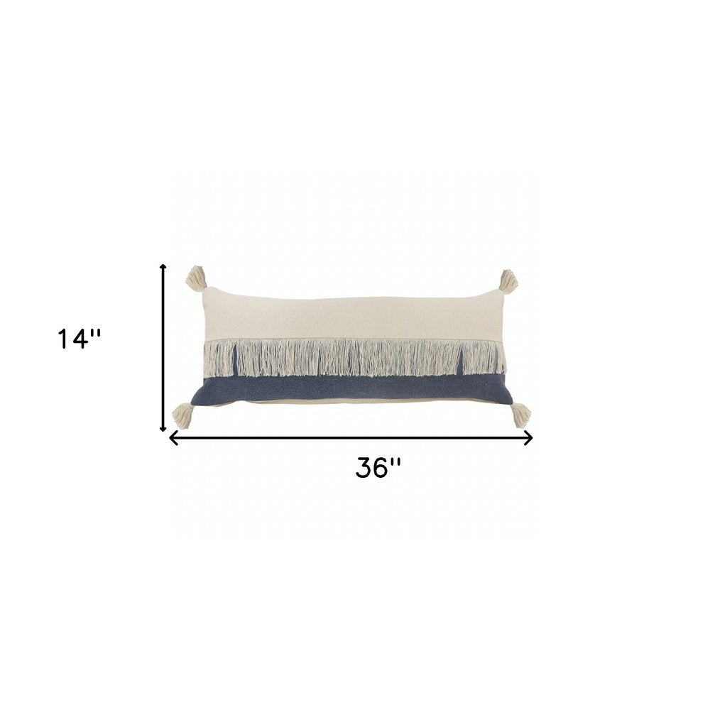 14" X 36" Denim Blue And Off-White 100% Cotton Zippered Pillow