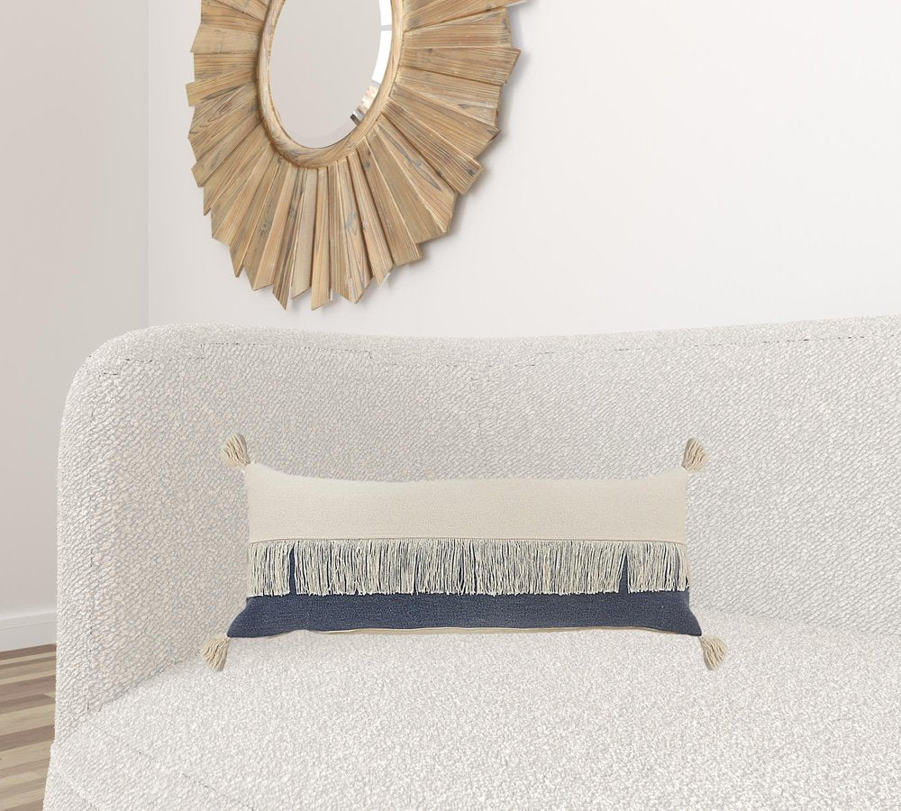 14" X 36" Denim Blue And Off-White 100% Cotton Zippered Pillow