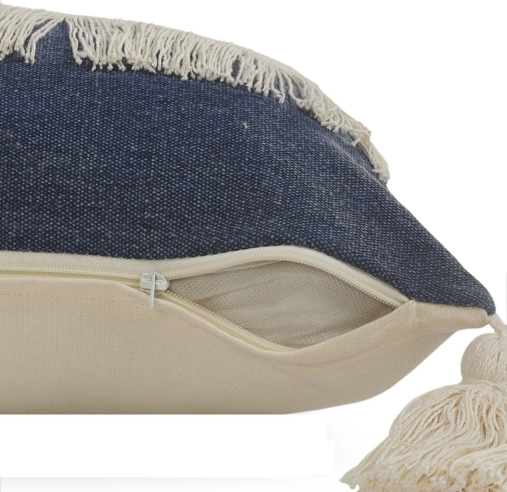 14" X 36" Denim Blue And Off-White 100% Cotton Zippered Pillow