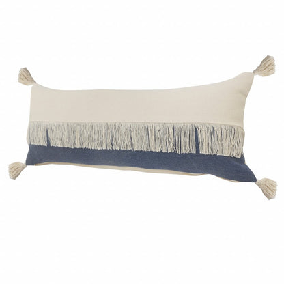14" X 36" Denim Blue And Off-White 100% Cotton Zippered Pillow