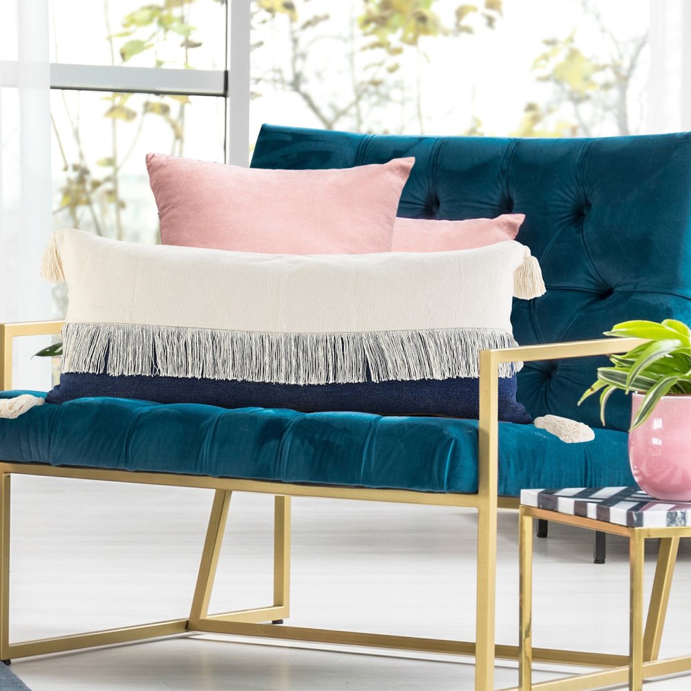 14" X 36" Denim Blue And Off-White 100% Cotton Zippered Pillow