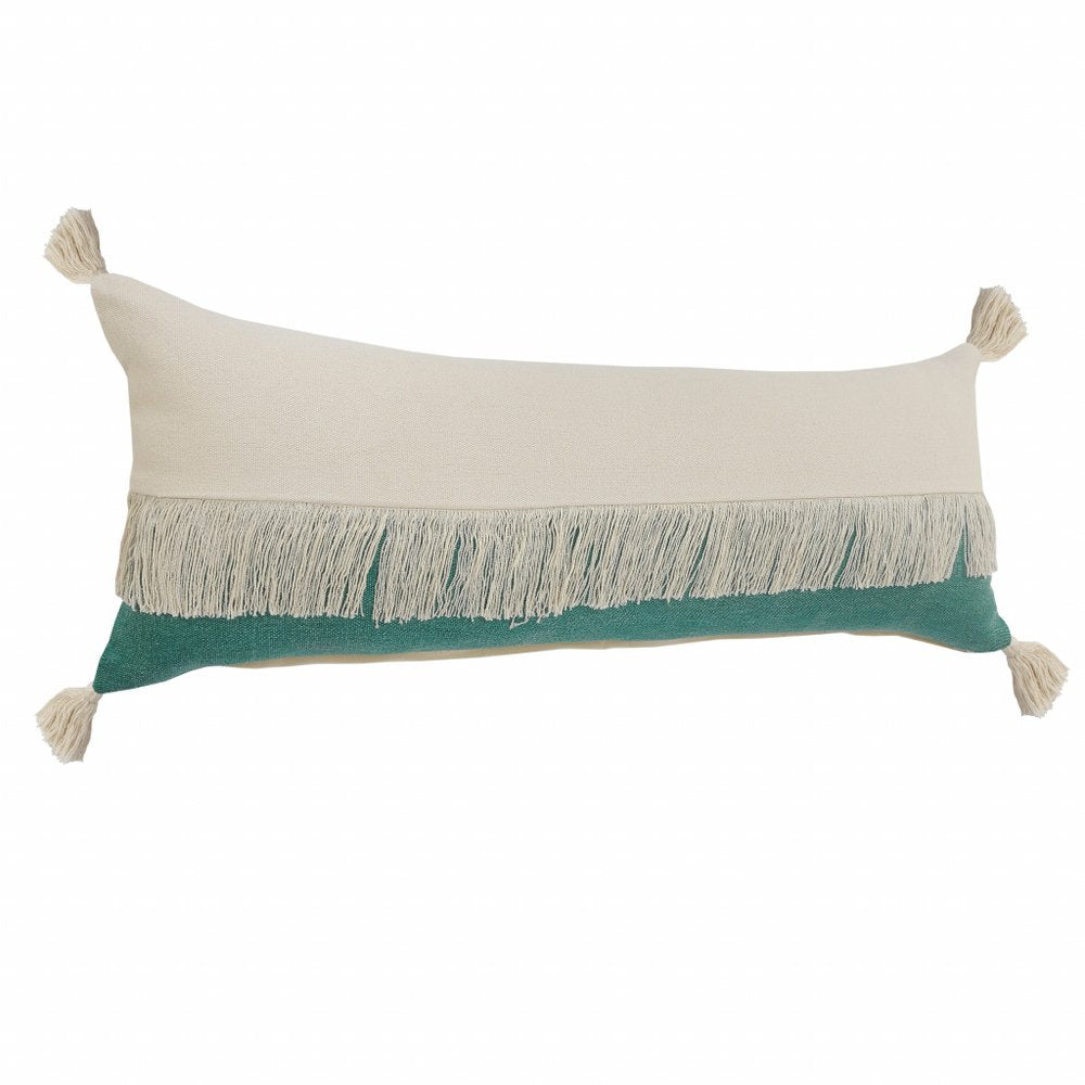 14" X 36" Denim Blue And Off-White 100% Cotton Zippered Pillow