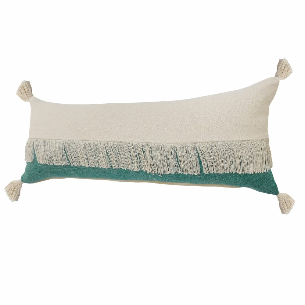 14" X 36" Denim Blue And Off-White 100% Cotton Zippered Pillow