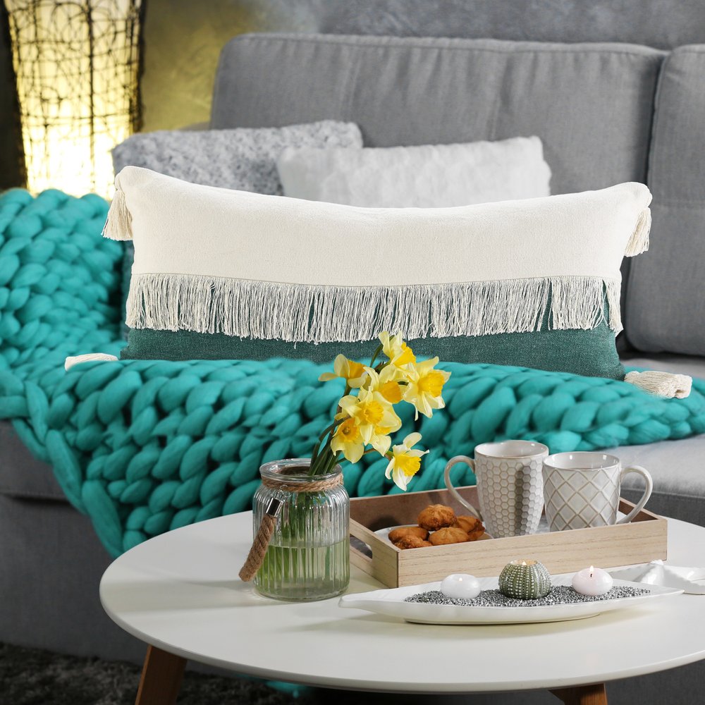 14" X 36" Denim Blue And Off-White 100% Cotton Zippered Pillow