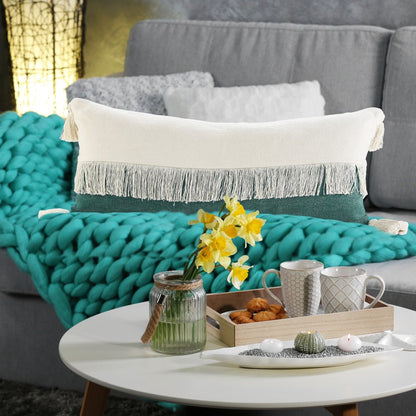 14" X 36" Denim Blue And Off-White 100% Cotton Zippered Pillow