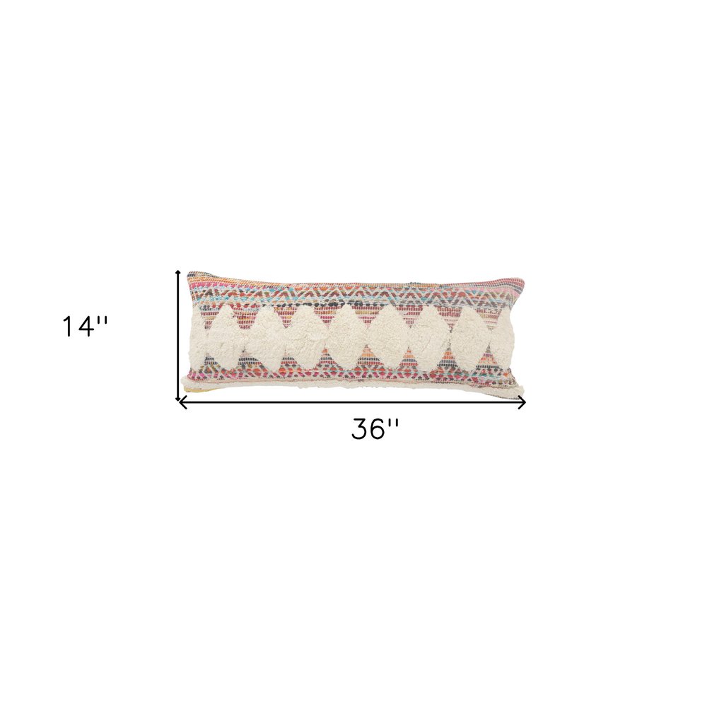 14" X 36" Natural Blue And Red Geometric Cotton Throw Pillow with Tufts