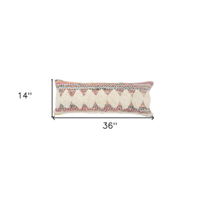 14" X 36" Natural Blue And Red Geometric Cotton Throw Pillow with Tufts