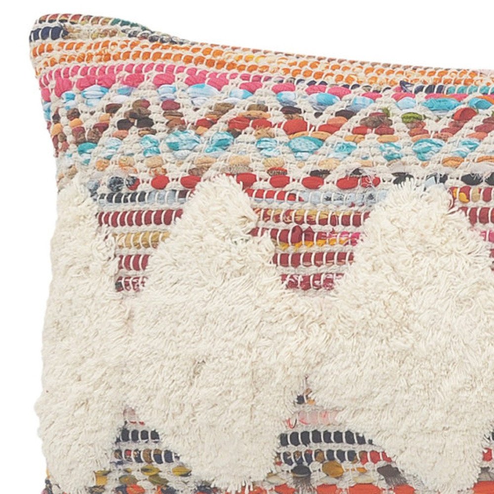 14" X 36" Natural Blue And Red Geometric Cotton Throw Pillow with Tufts