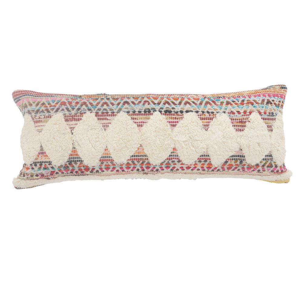 14" X 36" Natural Blue And Red Geometric Cotton Throw Pillow with Tufts