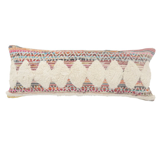 14" X 36" Natural Blue And Red Geometric Cotton Throw Pillow with Tufts