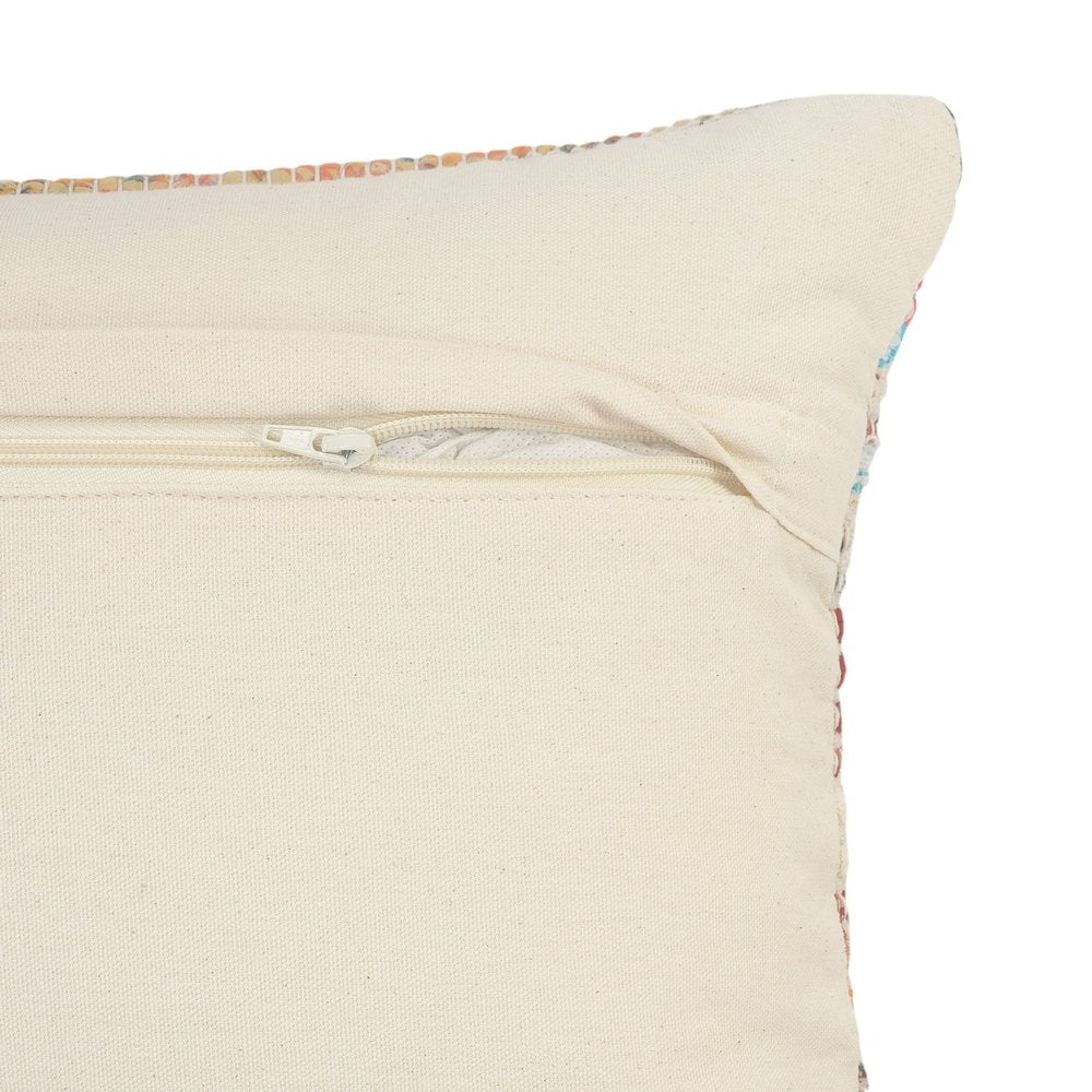 14" X 36" Natural Blue And Red Geometric Cotton Throw Pillow with Tufts
