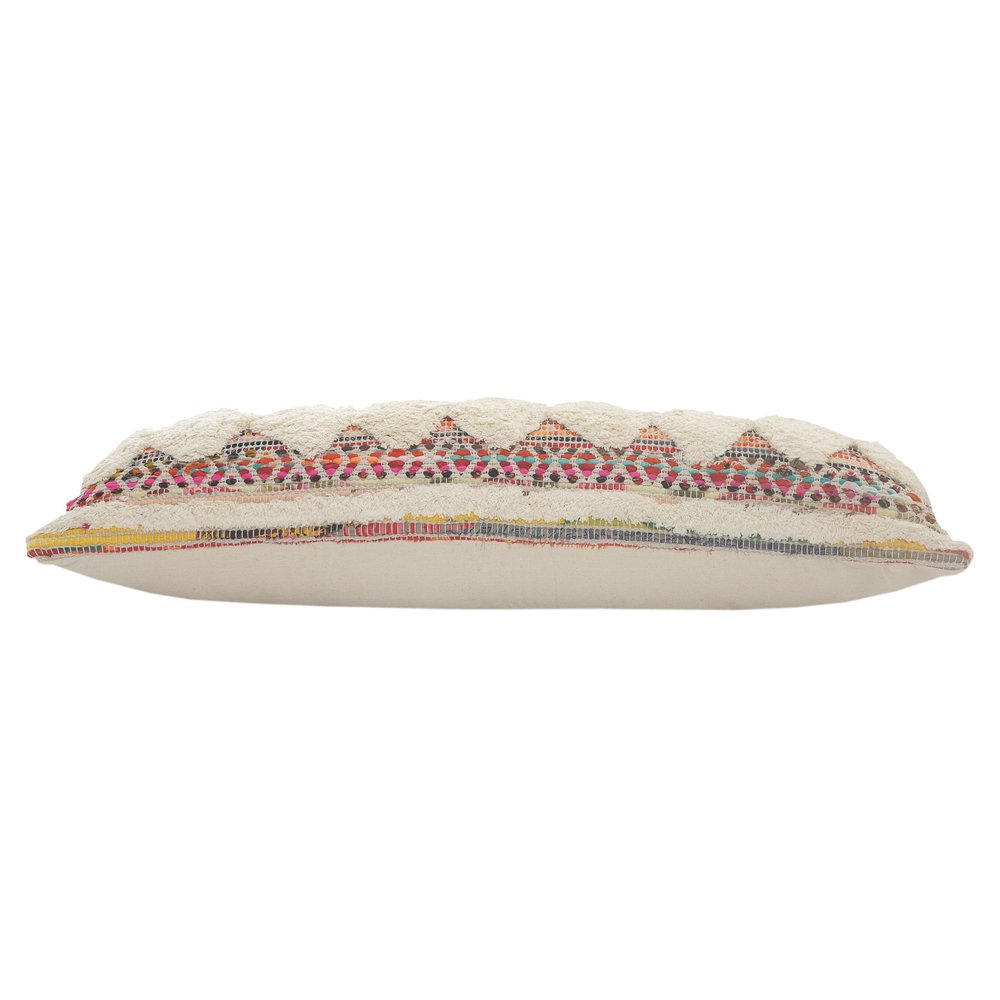 14" X 36" Natural Blue And Red Geometric Cotton Throw Pillow with Tufts