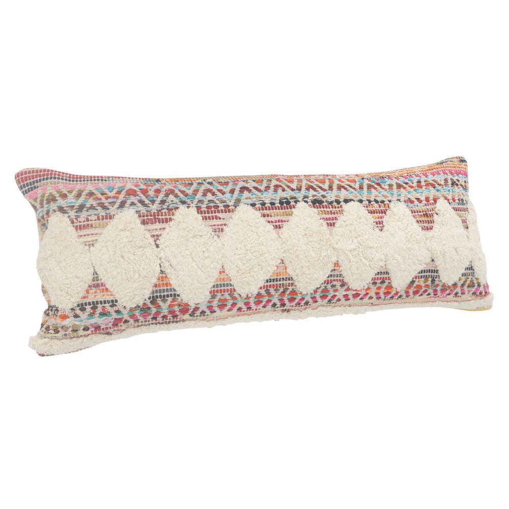 14" X 36" Natural Blue And Red Geometric Cotton Throw Pillow with Tufts