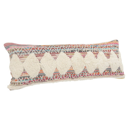 14" X 36" Natural Blue And Red Geometric Cotton Throw Pillow with Tufts