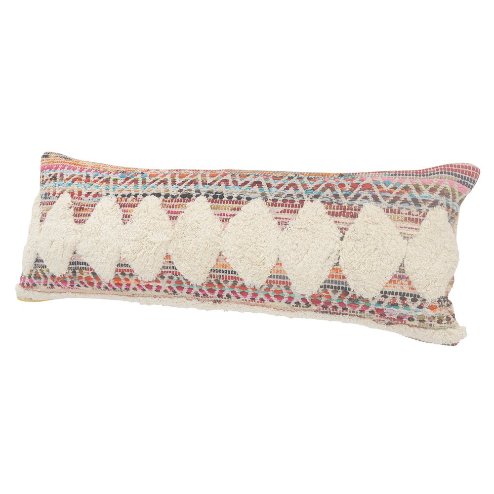 14" X 36" Natural Blue And Red Geometric Cotton Throw Pillow with Tufts