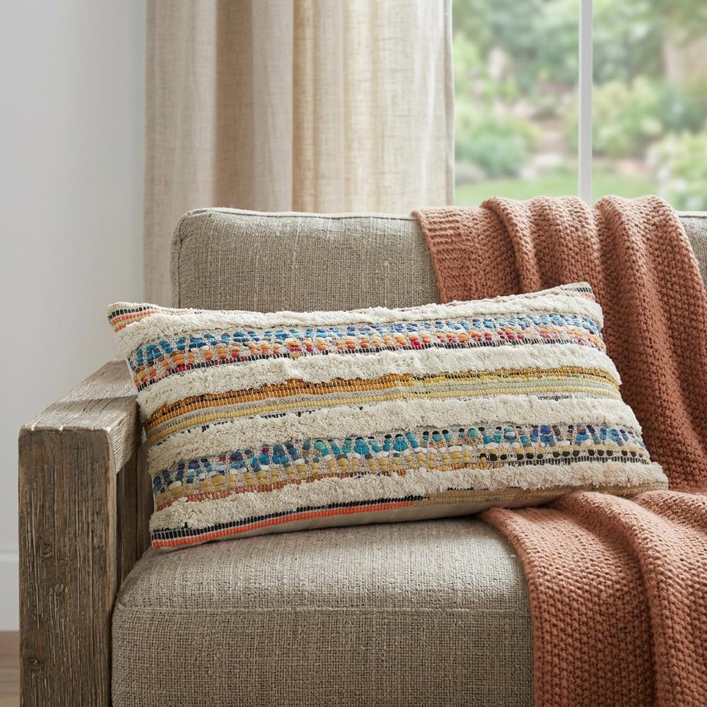 14" X 36" Off White Red And Blue Cotton Striped Throw Pillow
