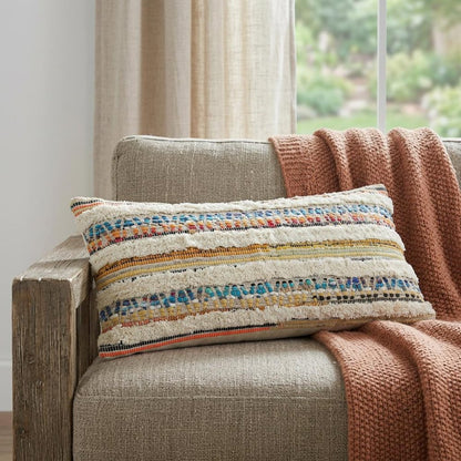 14" X 36" Off White Red And Blue Cotton Striped Throw Pillow