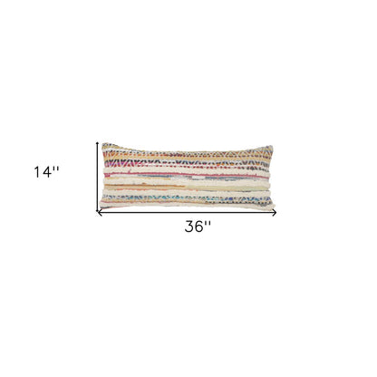 14" X 36" Off White Red And Blue Cotton Striped Throw Pillow