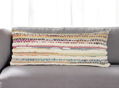 14" X 36" Off White Red And Blue Cotton Striped Throw Pillow