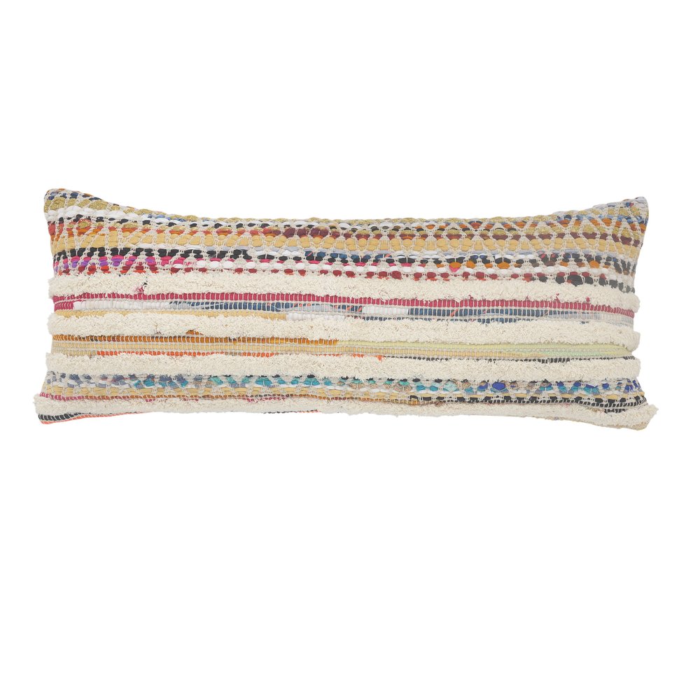 14" X 36" Off White Red And Blue Cotton Striped Throw Pillow