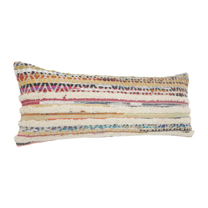 14" X 36" Off White Red And Blue Cotton Striped Throw Pillow