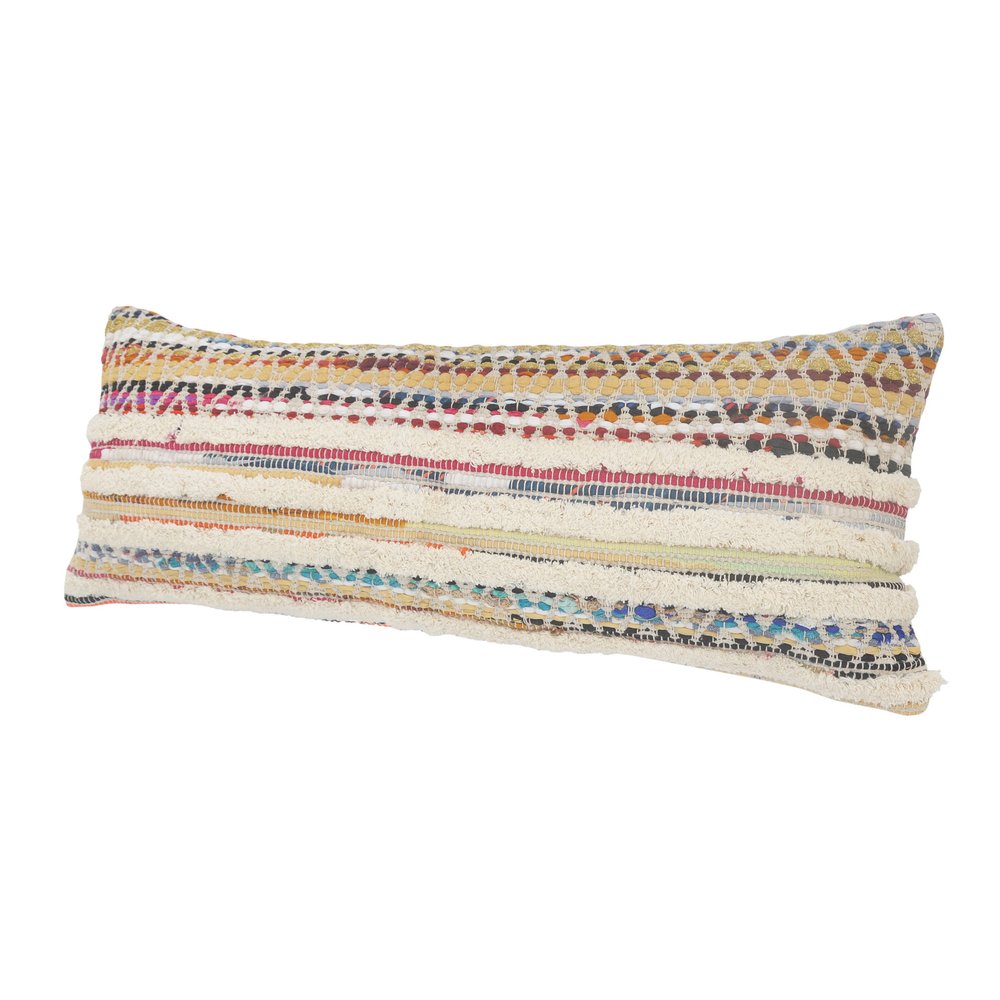 14" X 36" Off White Red And Blue Cotton Striped Throw Pillow