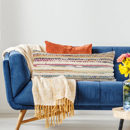 14" X 36" Off White Red And Blue Cotton Striped Throw Pillow