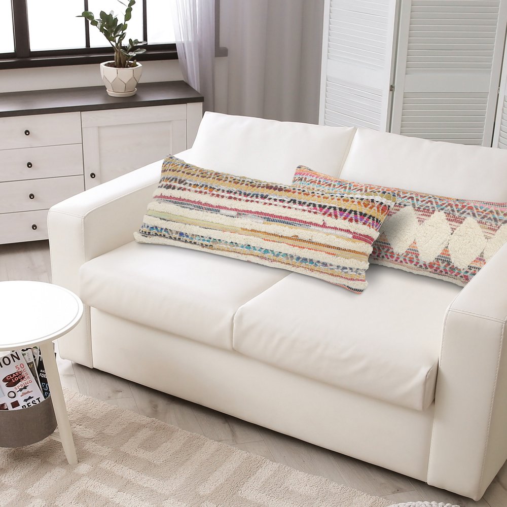 14" X 36" Off White Red And Blue Cotton Striped Throw Pillow