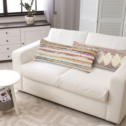 14" X 36" Off White Red And Blue Cotton Striped Throw Pillow