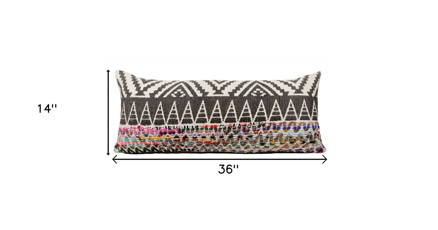 14" X 36" Off-White Black Red Blue Orange And Green 100% Cotton Geometric Zippered Pillow