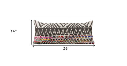 14" X 36" Off-White Black Red Blue Orange And Green 100% Cotton Geometric Zippered Pillow