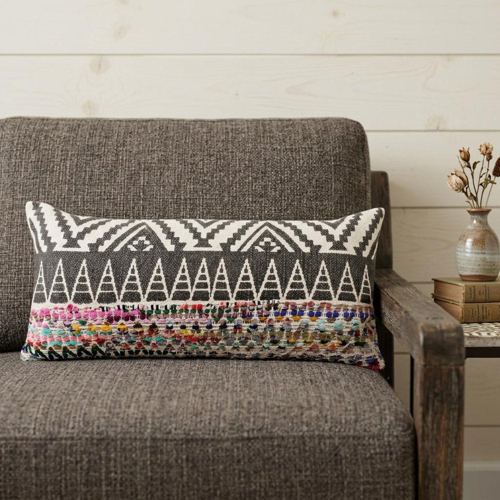 14" X 36" Off-White Black Red Blue Orange And Green 100% Cotton Geometric Zippered Pillow