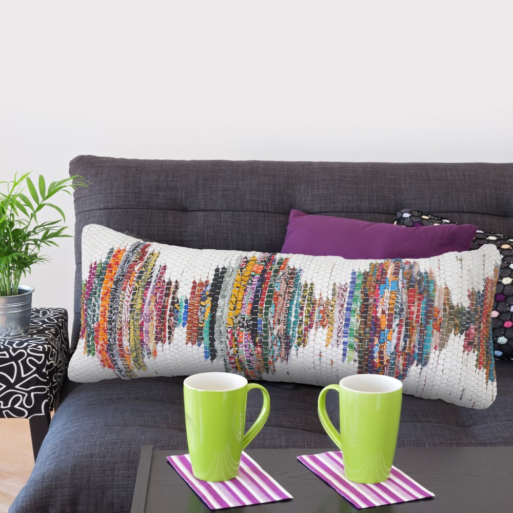 14" X 36" White Red Blue Orange And Green 100% Cotton Geometric Zippered Pillow