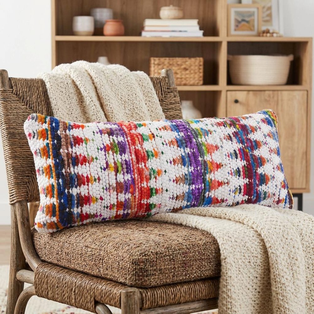 14" X 36" White Red Blue Orange And Green 100% Cotton Geometric Zippered Pillow