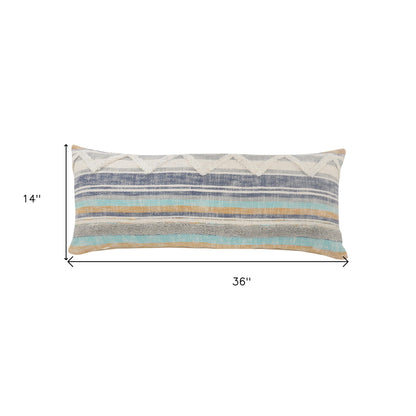 14" X 36" Orange Turquoise Gray Blue And White 100% Cotton Striped Zippered Pillow