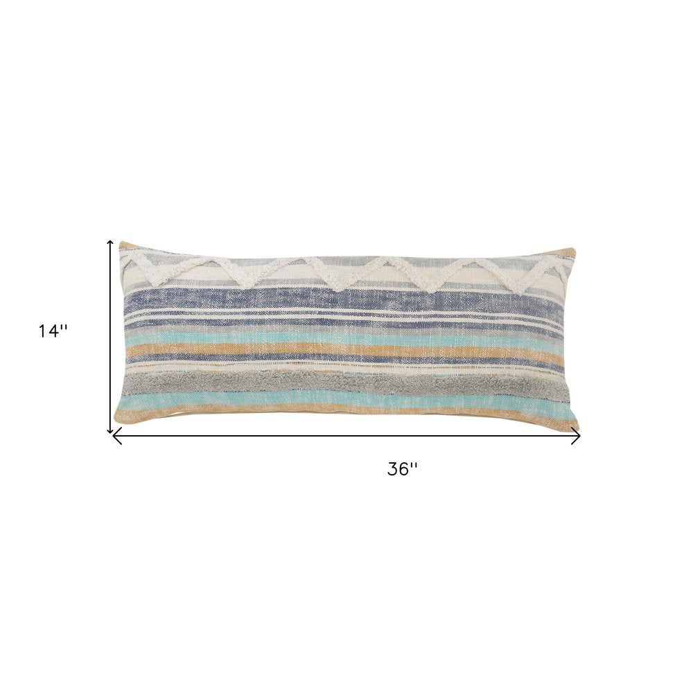 14" X 36" Off White Blue And Orange Cotton Striped Throw Pillow