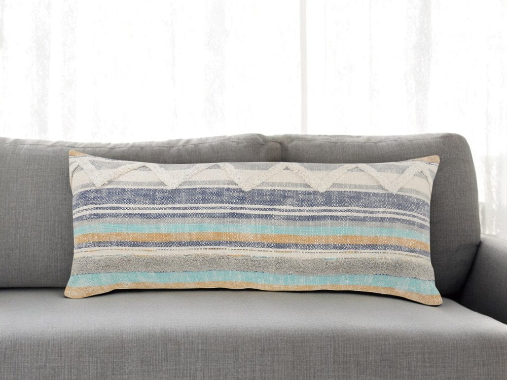 14" X 36" Off White Blue And Orange Cotton Striped Throw Pillow