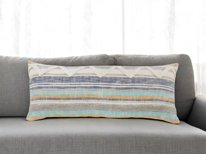 14" X 36" Off White Blue And Orange Cotton Striped Throw Pillow