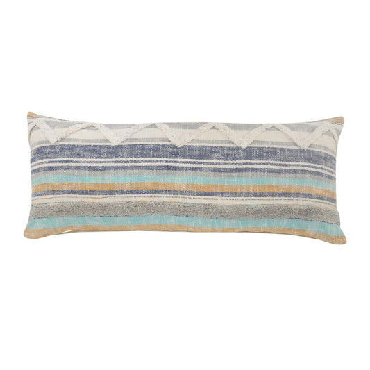 14" X 36" Off White Blue And Orange Cotton Striped Throw Pillow