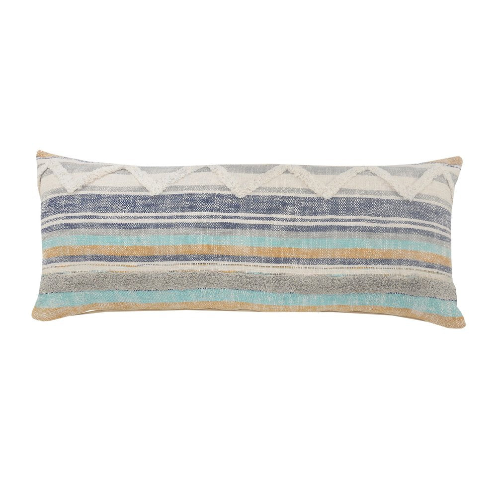 14" X 36" Off White Blue And Orange Cotton Striped Throw Pillow
