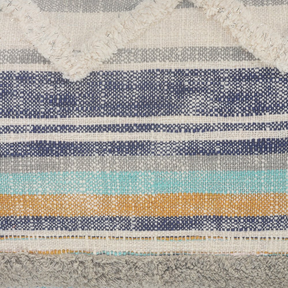 14" X 36" Off White Blue And Orange Cotton Striped Throw Pillow