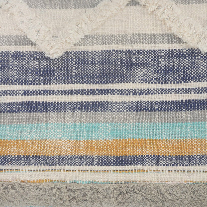 14" X 36" Off White Blue And Orange Cotton Striped Throw Pillow
