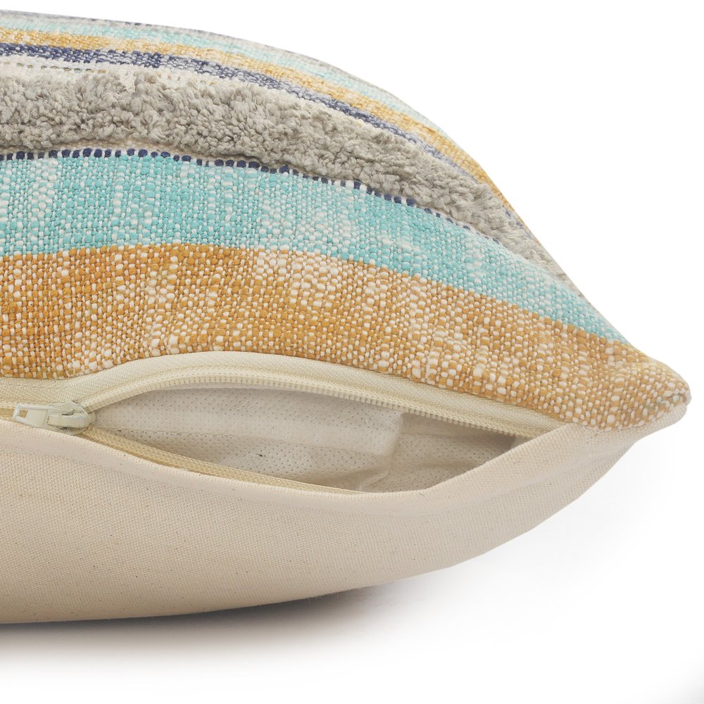 14" X 36" Off White Blue And Orange Cotton Striped Throw Pillow