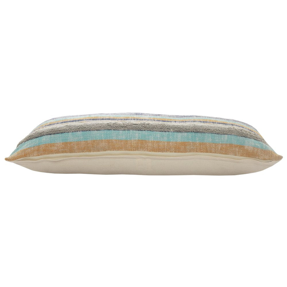 14" X 36" Off White Blue And Orange Cotton Striped Throw Pillow