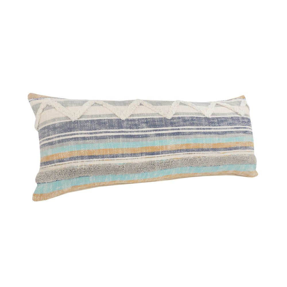 14" X 36" Off White Blue And Orange Cotton Striped Throw Pillow